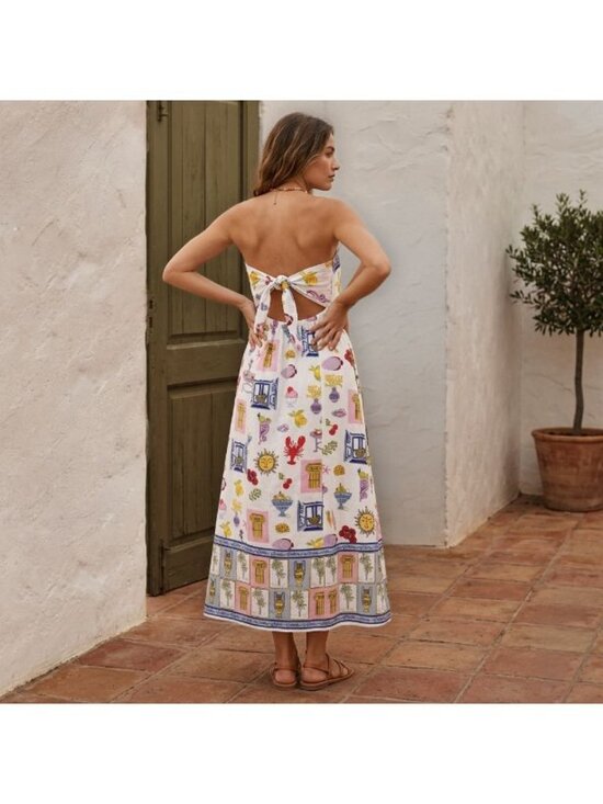 Japna Dresses & Skirts - Japna Mediterranean Tile Print Dress Medium Strapless Tie Back Ciao Lobster Sun